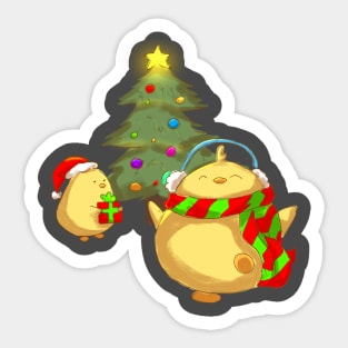 Two Little Chicks With A Christmas Tree Sticker